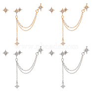 4 Sets 2 Color Alloy Star Asymmetrical Earrings with Sterling Silver Pins, Chain Tassel Dangle Stud Earrings with Ear Cuff for Women, Platinum & Golden, 12x10.5mm, 95mm, Pin: 0.5mm, 2 sets/colors(EJEW-AN0001-02)