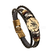 Braided Cowhide Cord Multi-Strand Bracelets, Constellation Bracelet for Men, with Wood Bead & Alloy Clasp, Scorpio, 7-7/8~8-1/2 inch(20~21.5cm) (PW-WG49322-05)