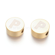 304 Stainless Steel Beads, Flat Round with Letter, Letter.P, 10x4.5mm, Hole: 2mm(STAS-I126-02G-P)