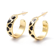 Real 18K Gold Plated Brass Stud Earrings for Women, Rack Plating Open Hoop Earring, Heart Pattern Enamel Half Hoop Earring, Cadmium Free & Lead Free, Black, 6x19mm, Pin: 1mm(EJEW-I684-06G-04-RS)