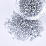 Glass Cylinder Beads, Seed Beads, Silver Lined, Round Hole, Silver, 1.5~2x1~2mm, Hole: 0.8mm, about 8000pcs/bag, about 85~95g/bag(SEED-Q036-01A-A09)