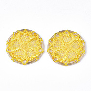 Polyester Woven Pendant Decorations, with Iron Findings, Flat Round with Flower, Light Gold, Gold, 28x2mm(X-FIND-S283-05E)