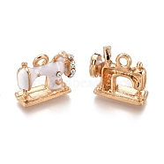 Alloy Pendants, with Enamel and Crystal Rhinestone, Sewing Machine, Golden, White, 13.5x16x6mm, Hole: 2mm(ENAM-I044-03D)