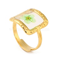 Pale Green Square Epoxy Resin with Dry Flower Adjustable Rings, Ion Plating(IP) 316 Surgical Stainless Steel Ring, Real 18K Gold Plated, Inner Diameter: 17mm(RJEW-G304-03G-02)
