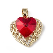 Real 18K Gold Plated Rack Plating Brass Micro Pave Clear Cubic Zirconia Pendants, with Glass, Long-Lasting Plated, Cadmium Free & Lead Free, Heart Charm, Red, 19x19x8mm, Hole: 5x3mm(KK-C015-29G-05)
