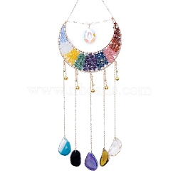 Chakra Theme Copper Wire Wrapped Natural & Synthetic Gemstone Moon Hanging Ornaments, for Home Bedroom Hanging Decorations, 520x180mm(PW-WG68707-01)