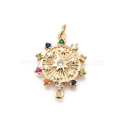 Brass Colorful Cubic Zirconia Sun Connector Charms, with Jump Rings, Real 18K Gold Plated, 24x18x2mm, Hole: 3mm(KK-M318-13G)