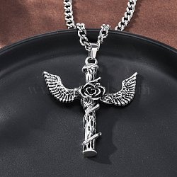 Tibetan Style Zinc Alloy Viking Pendant Necklaces, 304 Stainless Steel Chain for Men, Antique Silver & Stainless Steel Color, Rose Wing Cross, 24.21 inch(61.5cm)(NJEW-Z062-01AS-04)