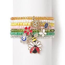 7Pcs 7 Style Glass Seed Beaded Stretch Bracelets Set, Hamsa Hand with Evil Eye & Butterfly & Bee & Flower Alloy Enamel Charms Stackable Bracelets for Women, Mixed Color, Inner Diameter: 2-1/8 inch(5.5cm), 1Pc/style(BJEW-JB09001)