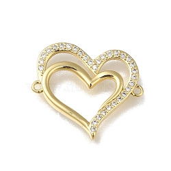 Rack Plating Brass Micro Pave Clear Cubic Zirconia Double Heart Links Connector Charms, Long-Lasting Plated, Lead Free & Cadmium Free, Real 18K Gold Plated, 18x20.5x2mm, Hole: 1.2mm(X-KK-K373-11B-G)