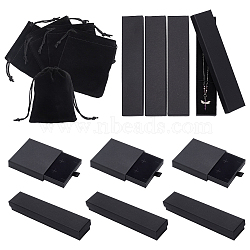 4Pcs Velvet Jewelry Storage Pouches, Drawstring Bags, with 12Pcs 3 Styles Cardboard Boxs, Rectangle, Black, Bag: 10x8x0.4cm, Box: 7.8~21x4~8x1.7~3.1cm, 4pcs/style(DIY-NB0008-84)