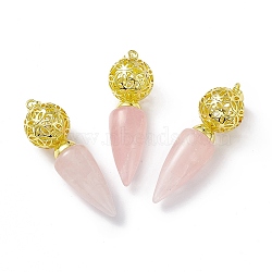 Natural Rose Quartz Big Pendants, Cone Charms with Rack Plating Brass Hollow Ball, Golden, Cadmium Free & Lead Free, 57~58x17.5~18mm, Hole: 8x5mm(G-H281-07G-06)