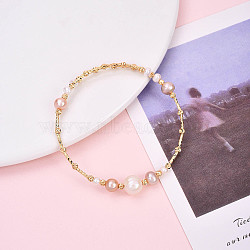 Brass Natural Fresh Water Pearl Beaded Bracelets for Women, Real 14K Gold Plated, Inner Diameter: 2-3/8~2-1/2 inch(6.1~6.4cm)(BJEW-T022-10G)