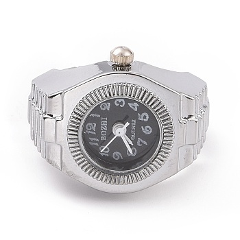 201 Stainless Steel Stretch Watchband Finger Ring Watches, Flat Round Quartz Watch for Unisex, Black, 15x18mm, Watch Head: 19x27mm, Watch Face: 11.5mm