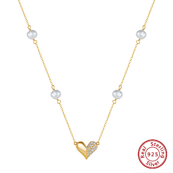 925 Stainless Steel Heart Pendant Necklaces with Cubic Zirconi and Natural Pearl, Real 14K Gold Plated, 15.87 inch(40.3cm)