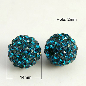Resin Rhinestone Beads, Grade A, Round, Blue Zircon, 14mm, Hole: 2mm