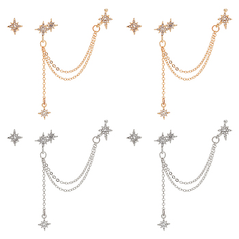 4 Sets 2 Color Alloy Star Asymmetrical Earrings with Sterling Silver Pins, Chain Tassel Dangle Stud Earrings with Ear Cuff for Women, Platinum & Golden, 12x10.5mm, 95mm, Pin: 0.5mm, 2 sets/colors