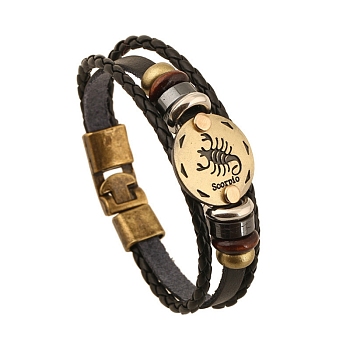 Braided Cowhide Cord Multi-Strand Bracelets, Constellation Bracelet for Men, with Wood Bead & Alloy Clasp, Scorpio, 7-7/8~8-1/2 inch(20~21.5cm) 