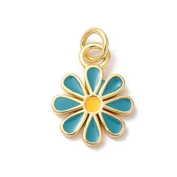 Rack Plating Brass Enamel Pendants, with Jump Ring, Long-Lasting Plated, Cadmium Free & Lead Free, Flower Charm, Real 18K Gold Plated, Dark Turquoise, 15.5x11x1.2mm, Hole: 3mm