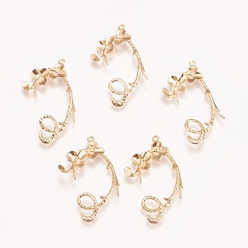 Brass Peg Bails Pendants, For Half Drilled Beads, Nickel Free, Leaf, Real 18K Gold Plated, 33x19x2mm, Hole: 1mm, Pin: 0.7mm