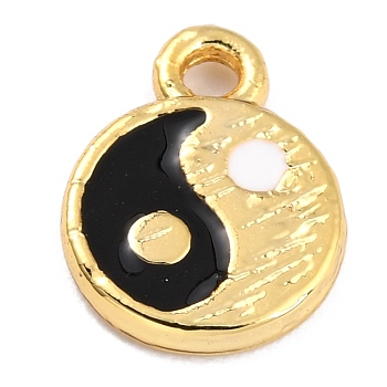 Golden Alloy Enamel Pendants, Long-Lasting Plated, Flat Round with Tai Ji, Black, 11x8.5x1mm, Hole: 1.3mm