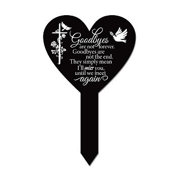 Acrylic Garden Stake, Ground Insert Decor, for Yard, Lawn, Garden Decoration, Heart with Memorial Words, Bird Pattern, 258x158mm