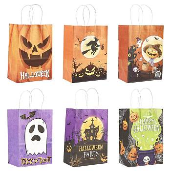 24Pcs 6 Styles Halloween Theme Kraft Paper Gift Bags with Handles, Shopping Bags, Rectangle, Mixed Color, Mixed Shapes, 14.9~15x7.9~8x20.8~21cm, 4pcs/style