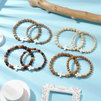 8Pcs Wood Beads Stretch Bracelets for Couple, with Synthetic Turquoise, Cross, Mixed Color, Inner Diameter: 2-1/8 & 2-3/8 inch(5.5 & 6cm)