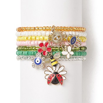 7Pcs 7 Style Glass Seed Beaded Stretch Bracelets Set, Hamsa Hand with Evil Eye & Butterfly & Bee & Flower Alloy Enamel Charms Stackable Bracelets for Women, Mixed Color, Inner Diameter: 2-1/8 inch(5.5cm), 1Pc/style