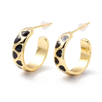 Real 18K Gold Plated Brass Stud Earrings for Women, Rack Plating Open Hoop Earring, Heart Pattern Enamel Half Hoop Earring, Cadmium Free & Lead Free, Black, 6x19mm, Pin: 1mm