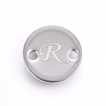 201 Stainless Steel Links connectors, Flat Round, Letter.R, Stainless Steel Color, 8x1mm, Hole: 1.5mm
