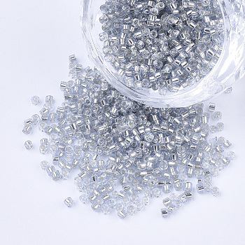 Glass Cylinder Beads, Seed Beads, Silver Lined, Round Hole, Silver, 1.5~2x1~2mm, Hole: 0.8mm, about 8000pcs/bag, about 85~95g/bag