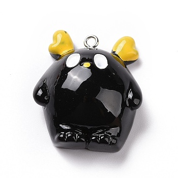 Opaque Resin Pendants, Elf Charms, with Platinum Tone Iron Loops, Black, 32x27.5x13.5mm, Hole: 2mm