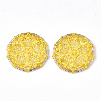 Polyester Woven Pendant Decorations, with Iron Findings, Flat Round with Flower, Light Gold, Gold, 28x2mm
