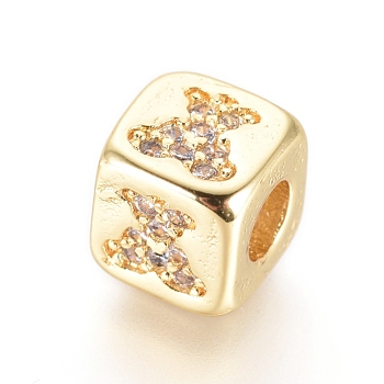 Brass Beads, with Micro Pave Cubic Zirconia, Cube with Bear, Clear, Golden, 6x6x6mm, Hole: 3mm