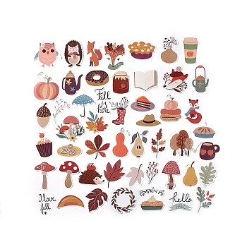 50Pcs Autumn Theme Cartoon Paper Sticker Label Set, Adhesive Label Stickers, for Suitcase & Skateboard & Refigerator Decor, Mixed Patterns, Mixed Color, 35~76.5x39~71.5x0.3mm, about 50pcs/bag