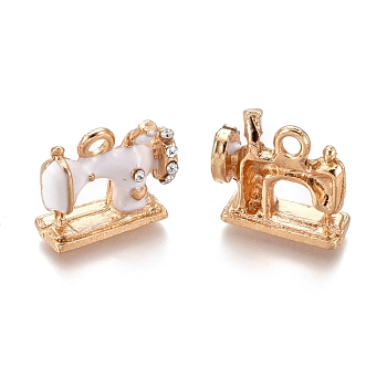 Alloy Pendants, with Enamel and Crystal Rhinestone, Sewing Machine, Golden, White, 13.5x16x6mm, Hole: 2mm