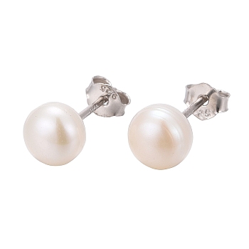 Pearl Ball Stud Earrings, with Rhodium Plated Sterling Silver Pin, with 925 Stamp, Platinum, Creamy White, 6mm