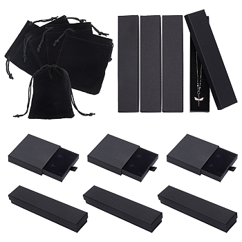 4Pcs Velvet Jewelry Storage Pouches, Drawstring Bags, with 12Pcs 3 Styles Cardboard Boxs, Rectangle, Black, Bag: 10x8x0.4cm, Box: 7.8~21x4~8x1.7~3.1cm, 4pcs/style