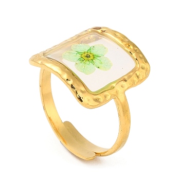 Pale Green Square Epoxy Resin with Dry Flower Adjustable Rings, Ion Plating(IP) 316 Surgical Stainless Steel Ring, Real 18K Gold Plated, Inner Diameter: 17mm
