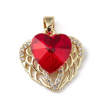 Real 18K Gold Plated Rack Plating Brass Micro Pave Clear Cubic Zirconia Pendants, with Glass, Long-Lasting Plated, Cadmium Free & Lead Free, Heart Charm, Red, 19x19x8mm, Hole: 5x3mm