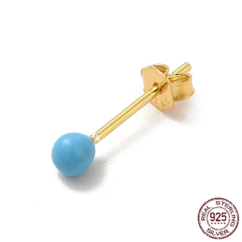 Enamel Round Ball Stud Earrings, Golden 925 Sterling Silver Jewelry for Women, Deep Sky Blue, 14.5x3mm, Pin: 0.8mm