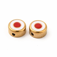 Eco-Friendly 304 Stainless Steel Beads, with Enamel, Flat Round with Evil Eye, Golden, FireBrick, 8x4mm, Hole: 1.5mm(STAS-A077-01G-03)