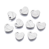 201 Stainless Steel Charms, Stamping Blank Tag, Heart with Word S.Steel, Stainless Steel Color, 6.5x7x0.5mm, Hole: 1.2mm(STAS-N095-031)