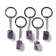 Natural Amethyst Pendant Keychain, with Iron Ring, Cuboid, 7.2~7.5cm(KEYC-D021-01P-03)