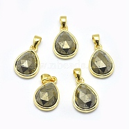 Natural Pyrite Pendants, with Golden Tone Brass Findings, teardrop, Faceted, 14.5x9.5x5mm, Hole: 2.5x3.5mm(G-O176J-05G)