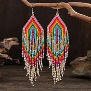 Bohemian Style Multicolor Rainbow Glass Bead Tassel Earrings for Women, Colorful, 145x38mm(UP2163)