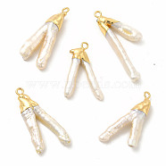 Baroque Natural Keshi Pearl Pendants, V-Shaped Charms, with Brass Loops, Light Gold, 26~37x13~19x4~7mm, Hole: 1.6mm(PEAR-P004-30KCG)