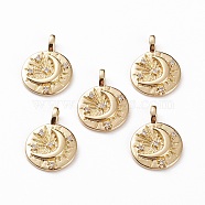 Brass Micro Pave Clear Cubic Zirconia Pendants, Flat Round with Moon & Star, Real 18K Gold Plated, 18x13x4mm, Hole: 2x3mm(KK-C100-06G)