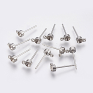 Non-Tarnish 201 Stainless Steel Stud Earring Findings, with Loop and 304 Stainless Steel Pins, For Pointed Back Rivoli Rhinestone Flat Round, Stainless Steel Color, Tray: 2mm, 14mm, Hole: 1.5mm, Pin: 0.8mm(STAS-P196-05)